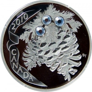 Реверс монеты Канада, 20 долларов, 2010, Сосновая шишка /голубой кристалл/