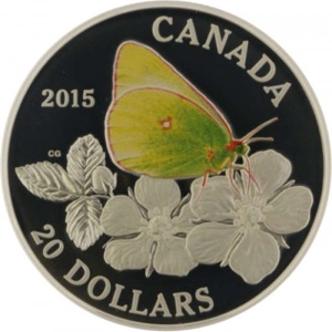 Реверс монеты Канада, 20 долларов, 2015, Бабочки - Гигантская сера (Colias gigantea)
