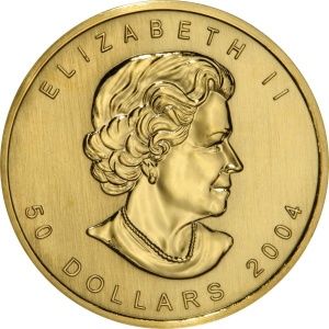 Аверс монеты Канада, 50 долларов, 2004, 25 лет золотому кленовому листу