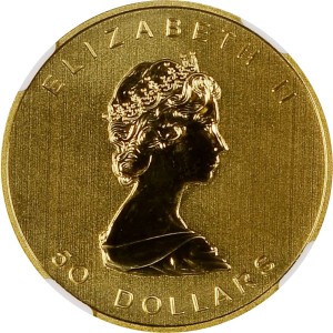 Аверс монеты Канада, 50 долларов, 2009, 30-летие - голограмма с золотым кленовым листом