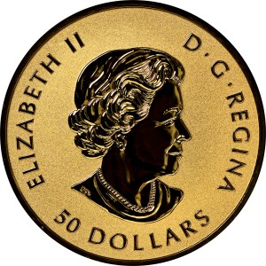 Аверс монеты Канада, 50 долларов, 2015, Кленовый лист плывет вниз