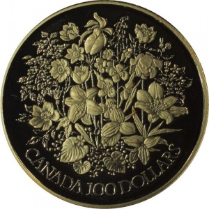 Реверс монеты Канада, 100 долларов, 1977, 25 лет вступлению на престол Королевы Елизаветы II
