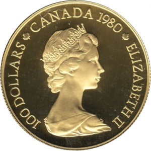 Аверс монеты Канада, 100 долларов, 1980, Каяк