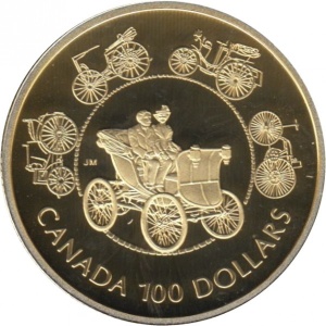 Реверс монеты Канада, 100 долларов, 1993, Первый электромобиль в Канаде