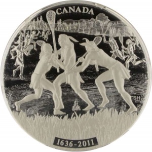 Реверс монеты Канада, 250 долларов, 2011, 375 лет Лакроссу в Канаде
