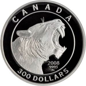Реверс монеты Канада, 300 долларов, 2008, Саблезубая кошка