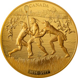 Реверс монеты Канада, 2500 долларов, 2011, 375 лет Лакроссу в Канаде
