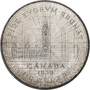 Реверс монеты Канада, 1 доллар, 2024, 85 годовщина. оригинальный эскиз зданий Парламента Эмануэля Хана