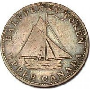 Реверс монеты Канада, ½ пенни, 1820, Наковальня и парусник