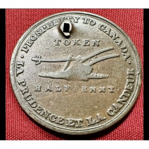 Реверс монеты Канада, ½ пенни, 1824-1828, Богиня правосудия и плуг