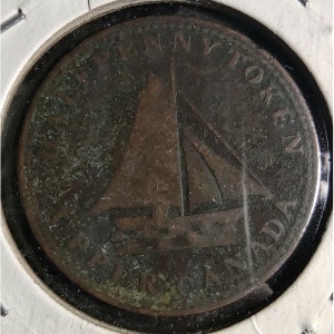 Аверс монеты Канада, ½ пенни, 1833, Парусник и инструменты