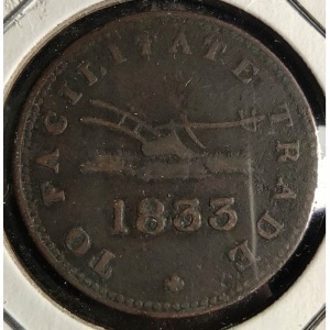Реверс монеты Канада, ½ пенни, 1833, Парусник и инструменты