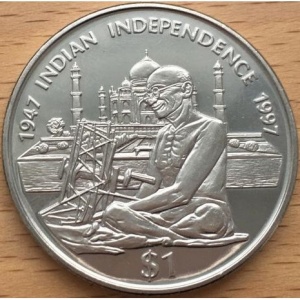 Реверс монеты Индия, 1 доллар, 1997, 50 лет Независимости Индии /Махатма Ганди/