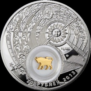 Аверс монеты Беларусь, 20 рублей, 2013, Телец /с позолотой/