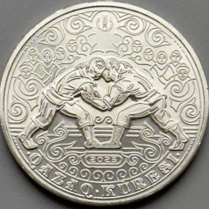 Реверс монеты Казахстан, 200 тенге, 2025, Курес (казахская борьба) /Ø33мм/