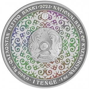 Аверс монеты Казахстан, 1 тенге, 2023-2025, Инвестиционные монеты Казахстана - Кокбори /волк/, Цветное покрытие