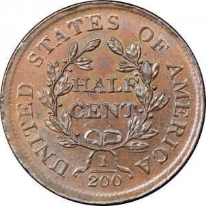 Реверс монеты США, ½ цента, 1800-1808, Пол цента с драпированным бюстом