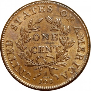 Реверс монеты США, 1 цент, 1796-1807, Драпированный бюст по центру