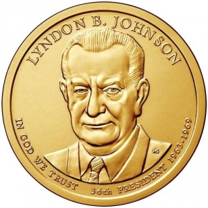 Аверс монеты США, 1 доллар, 2015, Президент США - Линдон Джонсон (1963–1969)