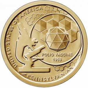 Реверс монеты США, 1 доллар, 2019, Пенсильвания. Вакцина против полиомиелита