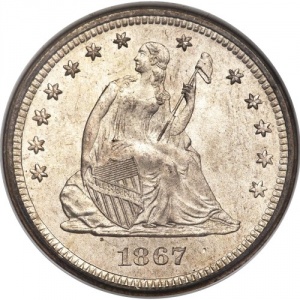 Аверс монеты США, ¼ доллара, 1866-1873, 25-центовая монета "Сидящая Свобода"