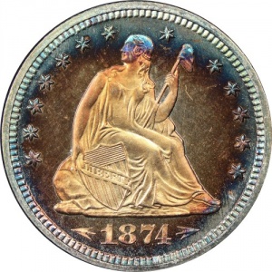Аверс монеты США, ¼ доллара, 1873-1874, 25-центовая монета "Сидящая Свобода"