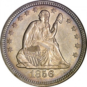 Аверс монеты США, ¼ доллара, 1856-1865, 25-центовая монета "Сидящая Свобода"