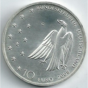 Аверс монеты Германия, 10 евро, 2008, 125 лет со дня рождения Франца Кафки