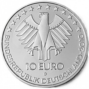 Аверс монеты Германия, 10 евро, 2010, 175 лет немецкой железной дороге