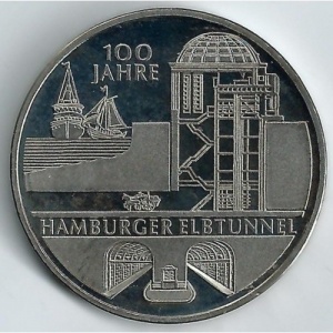 Реверс монеты Германия, 10 евро, 2011, 100 лет туннелю в Гамбурге под Эльбой