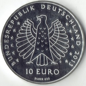 Аверс монеты Германия, 10 евро, 2013, 125 лет электротоку - Генрих Герц