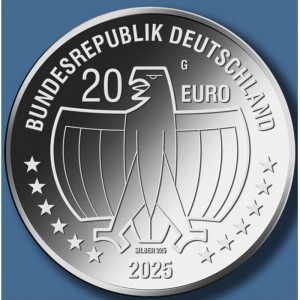 Аверс монеты Германия, 20 евро, 2025, 50 лет Международному году женщин