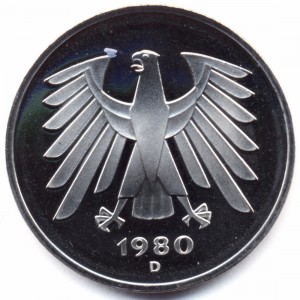 Аверс монеты Германия, 5 марок, 1975-2001