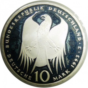 Аверс монеты Германия, 10 марок, 1993, 150 лет со дня рождения Роберта Коха