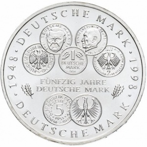 Реверс монеты Германия, 10 марок, 1998, 50 лет Немецкой марке