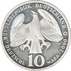 Аверс монеты Германия, 10 марок, 2000, 250 лет со дня смерти Иоганна Себастьяна Баха