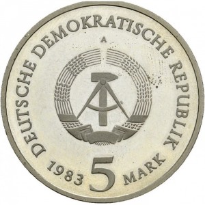 Аверс монеты Германия, 5 марок, 1983, Родной дом Мартина Лютера в Эйслебене