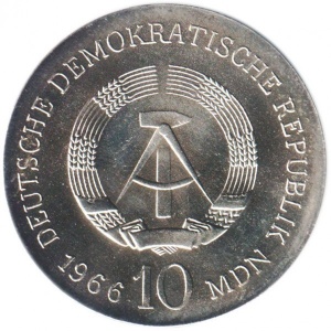 Аверс монеты Германия, 10 марок, 1966, 125 лет со дня смерти Карла Фридриха Шинкеля