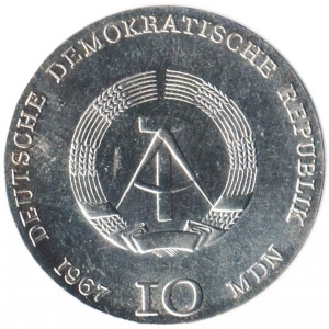 Аверс монеты Германия, 10 марок, 1967, 100 лет со дня рождения Кэте Кольвиц