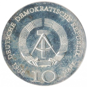 Аверс монеты Германия, 10 марок, 1968, 500 лет со дня смерти Иоганна Гутенберга