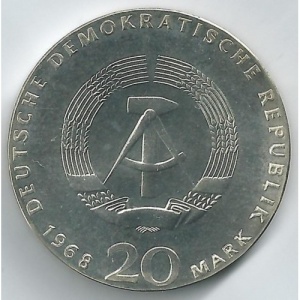 Аверс монеты Германия, 20 марок, 1968, 150 лет со дня рождения Карла Маркса