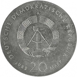 Аверс монеты Германия, 20 марок, 1989, 500 лет со дня рождения Томаса Мюнцера