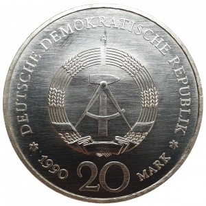 Аверс монеты Германия, 20 марок, 1990, Бранденбургские Ворота в Берлине