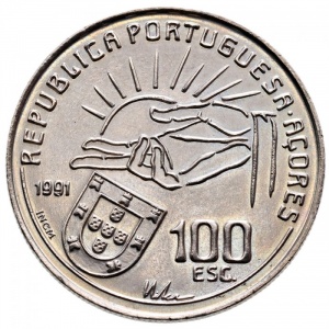 Аверс монеты Азорские острова, 100 эскудо, 1991, 100 лет со дня смерти Антеру де Кентал