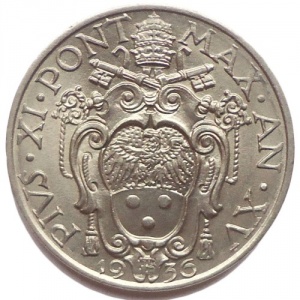 Аверс монеты Ватикан, 20 чентезимо, 1929-1937
