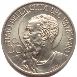 Реверс монеты Ватикан, 20 чентезимо, 1929-1937