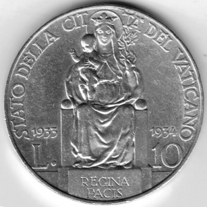 Реверс монеты Ватикан, 10 лир, 1933