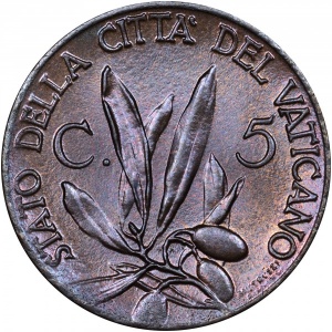 Реверс монеты Ватикан, 5 чентезимо, 1939-1941