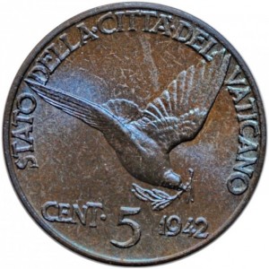 Реверс монеты Ватикан, 5 чентезимо, 1942-1946