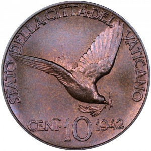 Реверс монеты Ватикан, 10 чентезимо, 1942-1946